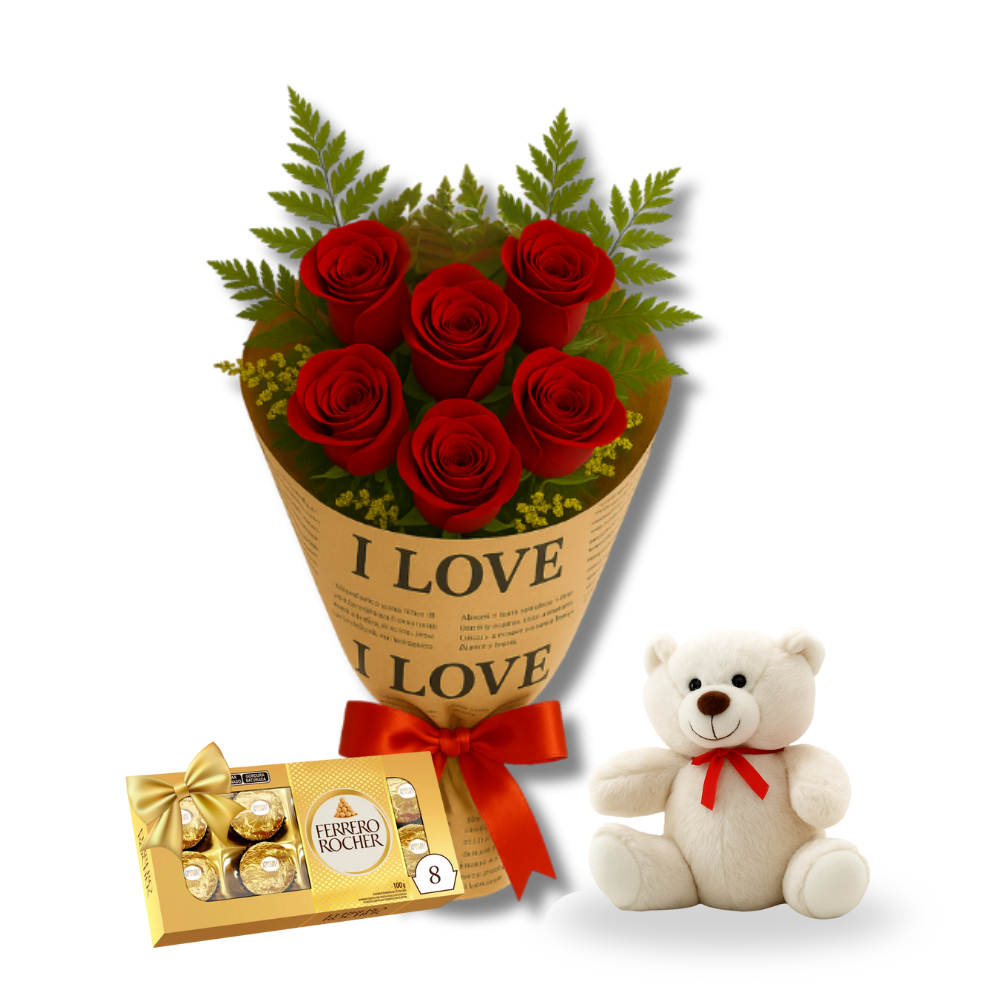 Buquê Premium de 06 Rosas Vermelhas  Pelúcia e Ferrero Rocher T8