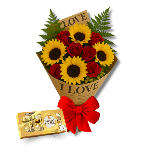 Buquê Girassóis e Rosas Vermelhas com Ferrero T8