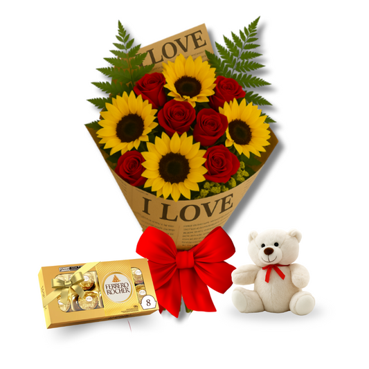 Buquê Girassóis e Rosas Vermelhas Ferrero e Urso